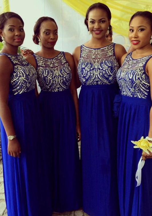 Royal Blue Scoop Crystal Chiffon Column Long Bridesmaid Dresses / Gowns