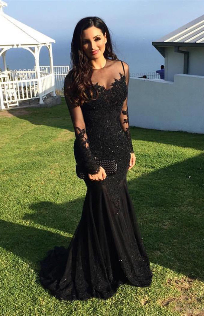 2024 Siren Black Mermaid Tulle Long Sleeves Prom Dresses With Appliques