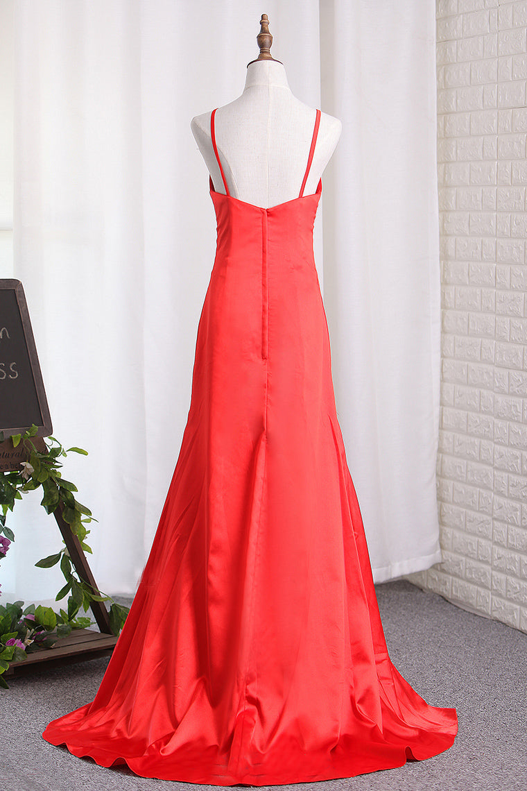 Red Sheath Satin Side Slit Sweetheart Prom Dresses