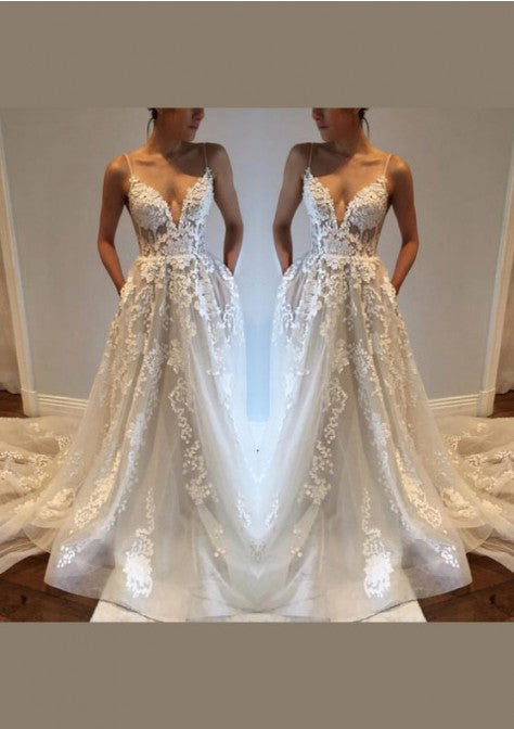 Backless A Line V Neck Tulle 2024 Lace Spaghetti Straps Wedding Dresses