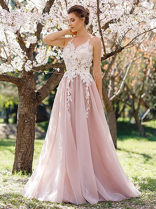 2024 Blushing Pink A-line Chiffon Appliques Prom Dresses