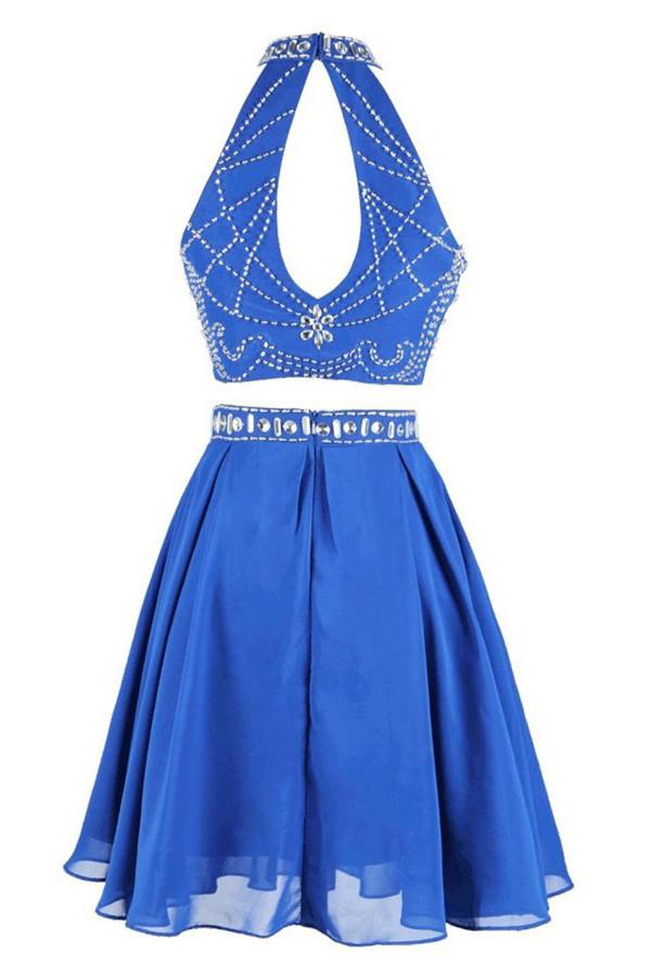 Two-piece High Neck Short Blue Chiffon Prom Dresses Homecoming Dresses ED65