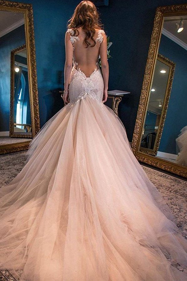 Appliques Straps Mermaid Tulle Champagne Prom Dresses