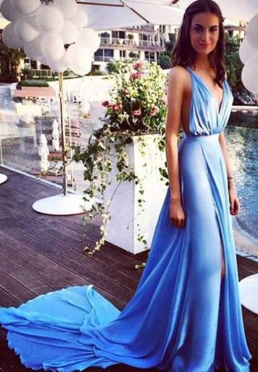 rebe gown 2024 Blue Front-Slit Spaghetti Straps Chiffon Prom Dresses