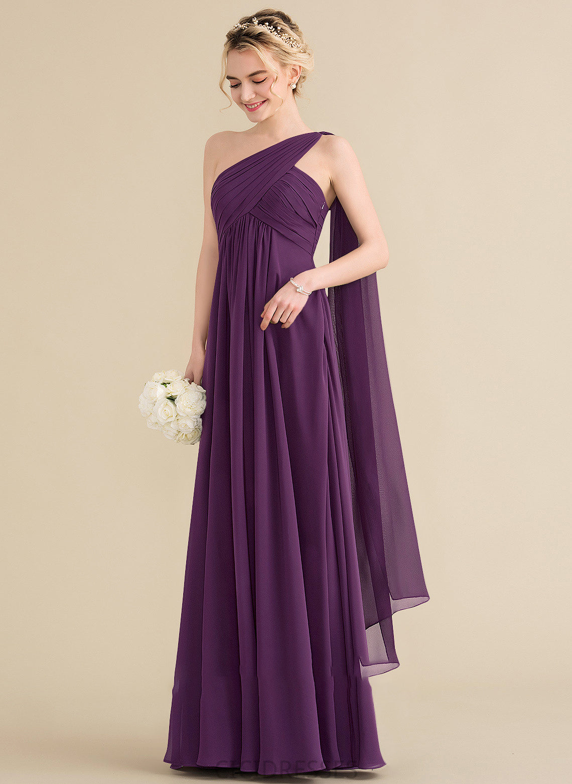 Embellishment A-Line Neckline Length Ruffle Floor-Length One-Shoulder Silhouette Fabric Janet Sleeveless V-Neck Bridesmaid Dresses