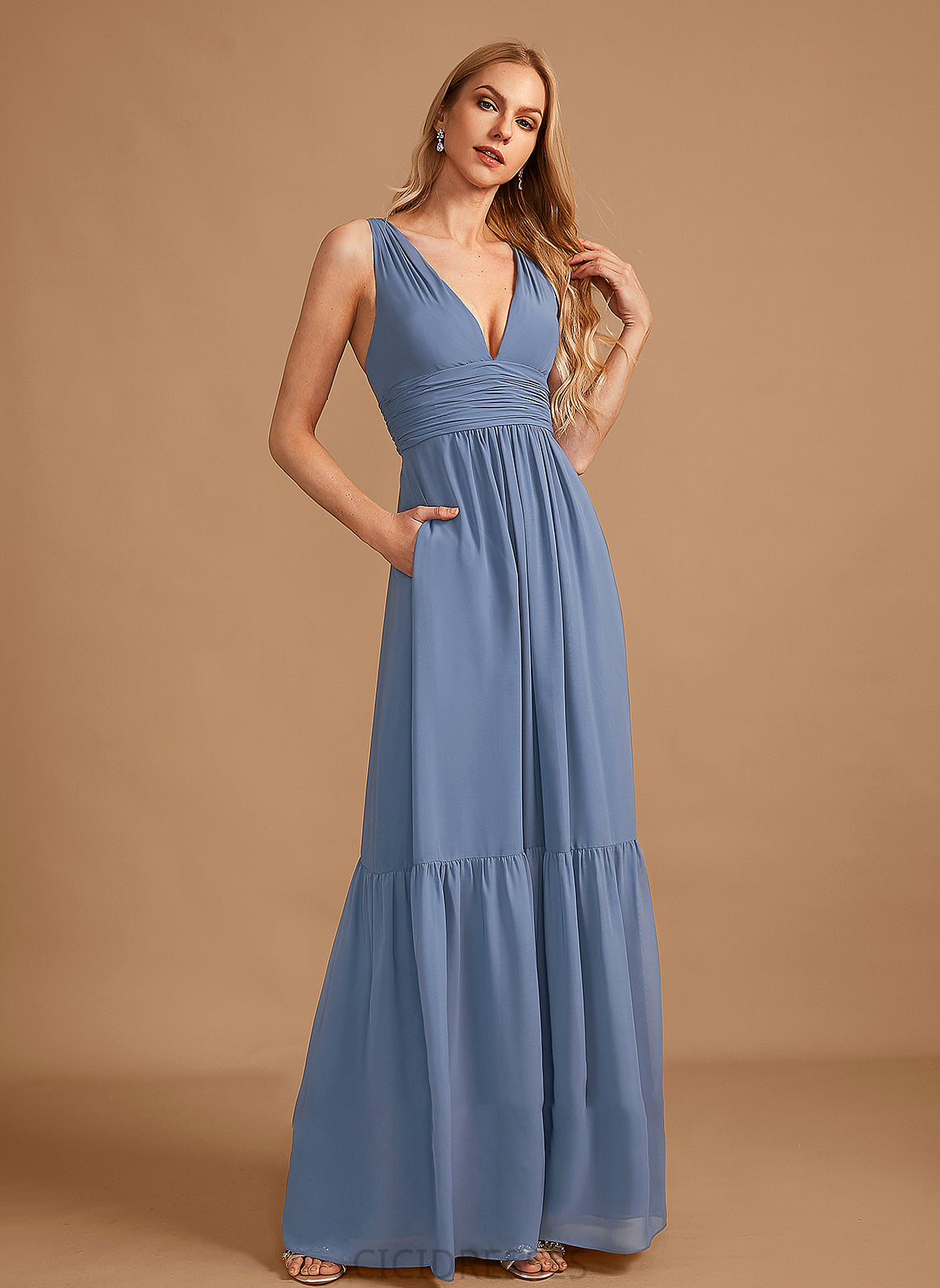 Pockets Embellishment Fabric Floor-Length Length V-neck Neckline Silhouette A-Line Kara One Shoulder Natural Waist Bridesmaid Dresses