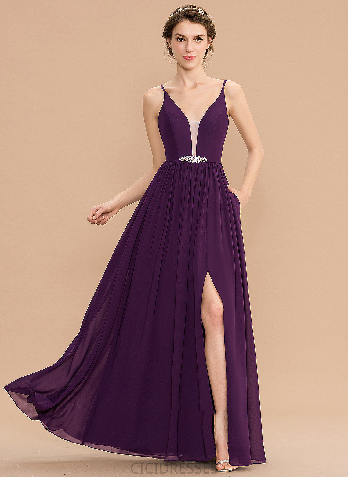 A-Line Length SplitFront Neckline Sequins Embellishment Silhouette Floor-Length Beading Fabric V-neck Pockets Bridesmaid Dresses