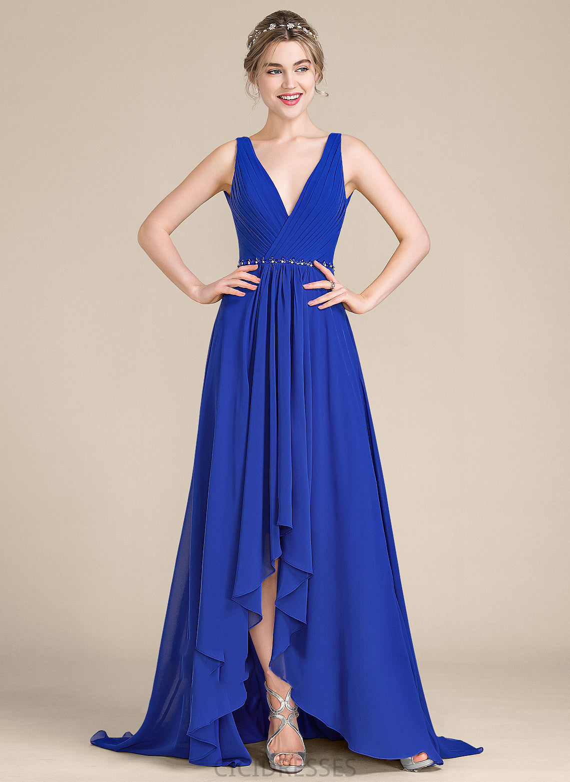 V-neck Asymmetrical Silhouette Sequins A-Line Neckline Length Embellishment Beading Ruffle Fabric Kathryn Bridesmaid Dresses