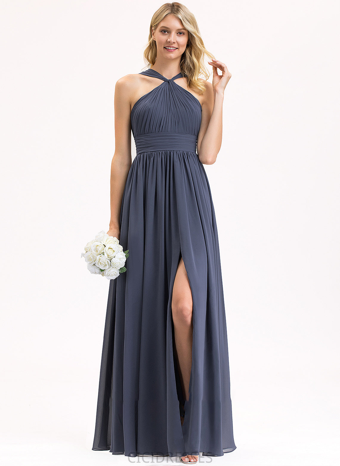 SplitFront Silhouette Ruffle V-neck Length Floor-Length A-Line Embellishment Fabric Neckline Rosalyn V-Neck Bridesmaid Dresses