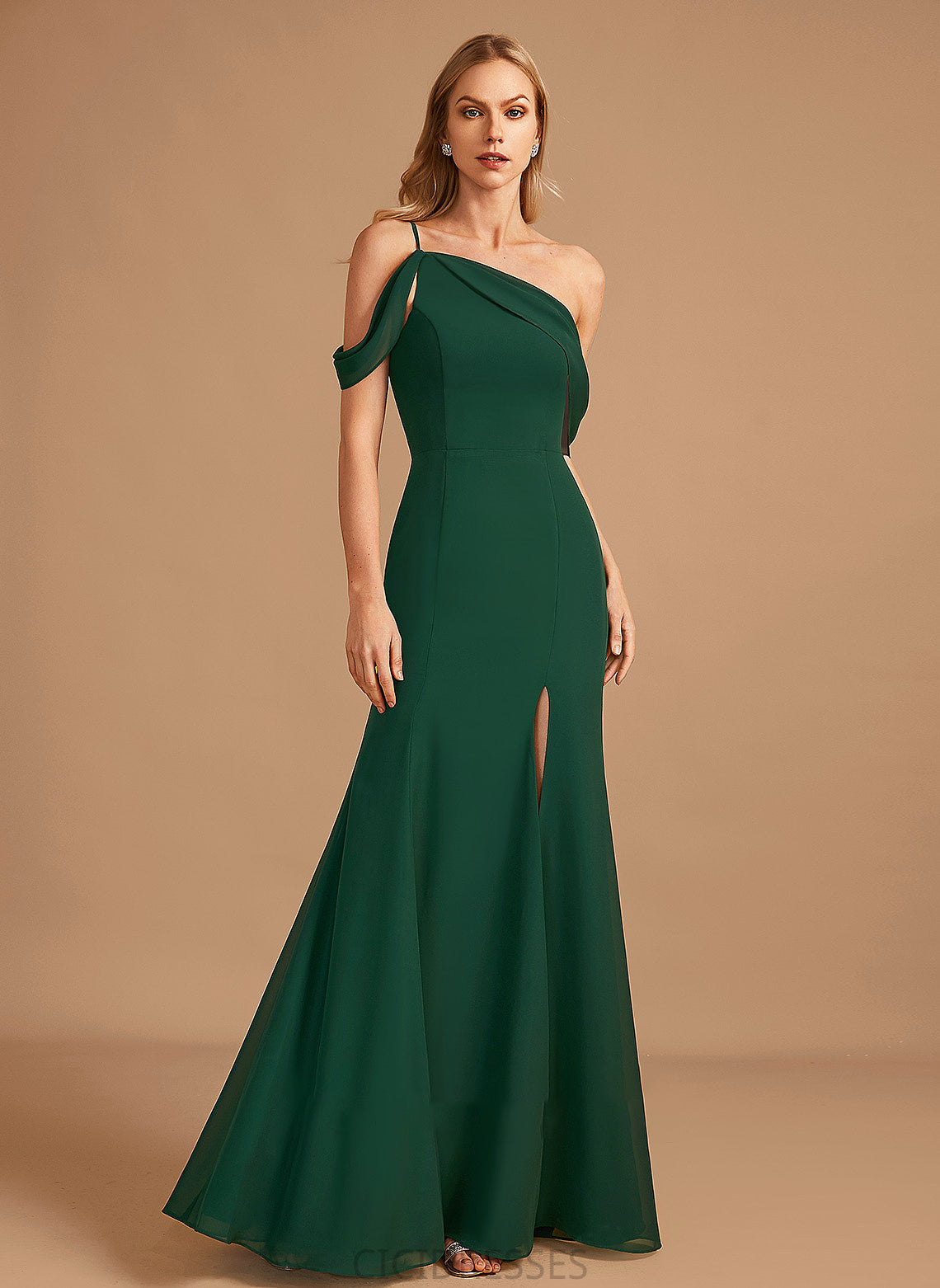 Floor-Length Embellishment Neckline Silhouette Length Trumpet/Mermaid SplitFront Fabric One-Shoulder Averie Sleeveless Spaghetti Staps Bridesmaid Dresses