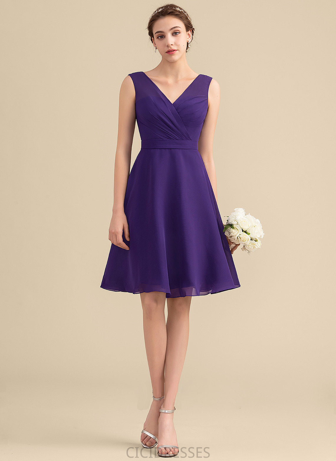 Ruffle A-Line V-neck Silhouette Knee-Length Fabric Embellishment Length Neckline Sue Sleeveless Spaghetti Staps Bridesmaid Dresses