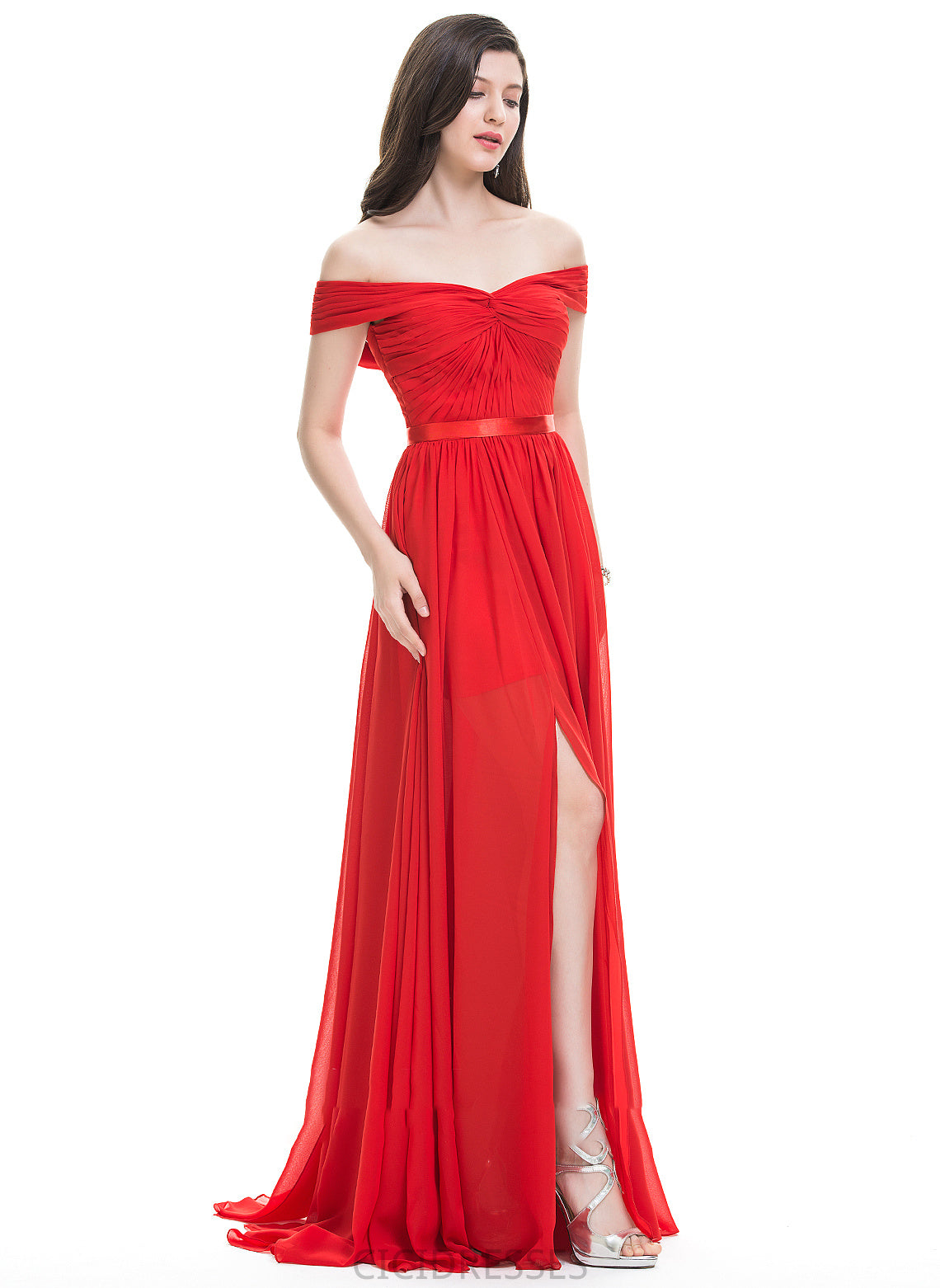 Length Silhouette SweepTrain SplitFront Embellishment Neckline Ruffle Off-the-Shoulder Fabric A-Line Journey Straps Bridesmaid Dresses