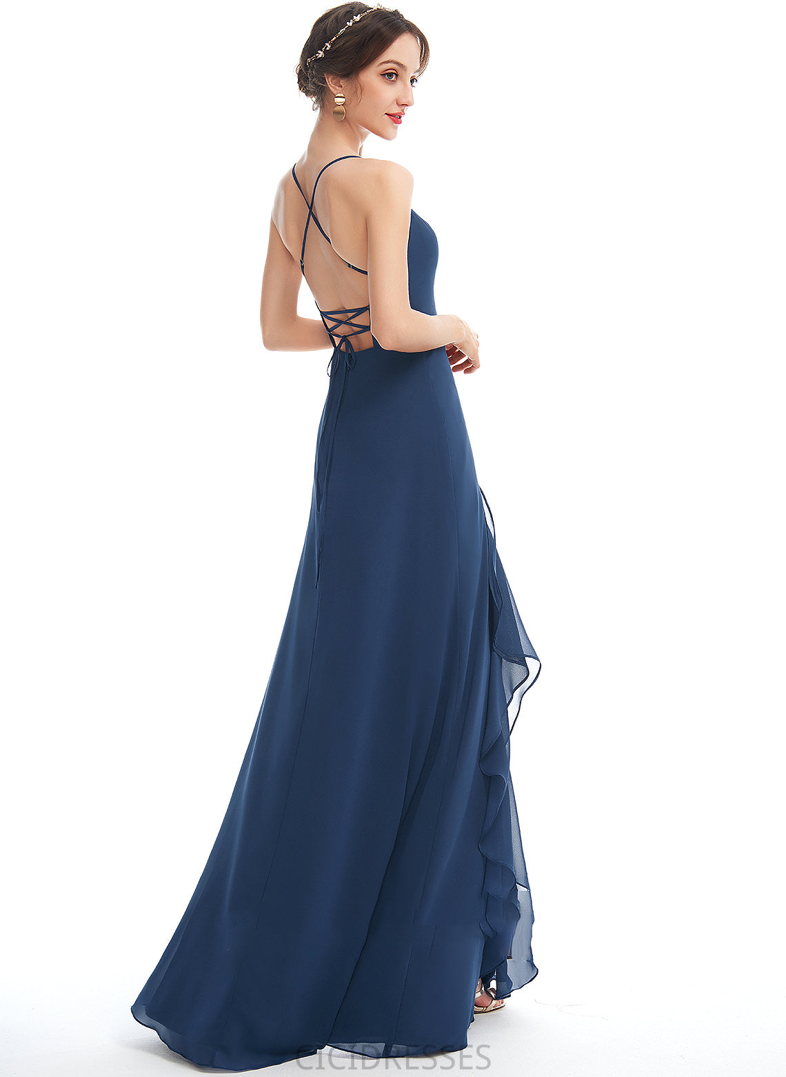 A-Line Embellishment V-neck Floor-Length Length Silhouette Fabric Neckline Ruffle SplitFront Kendall A-Line/Princess Bridesmaid Dresses