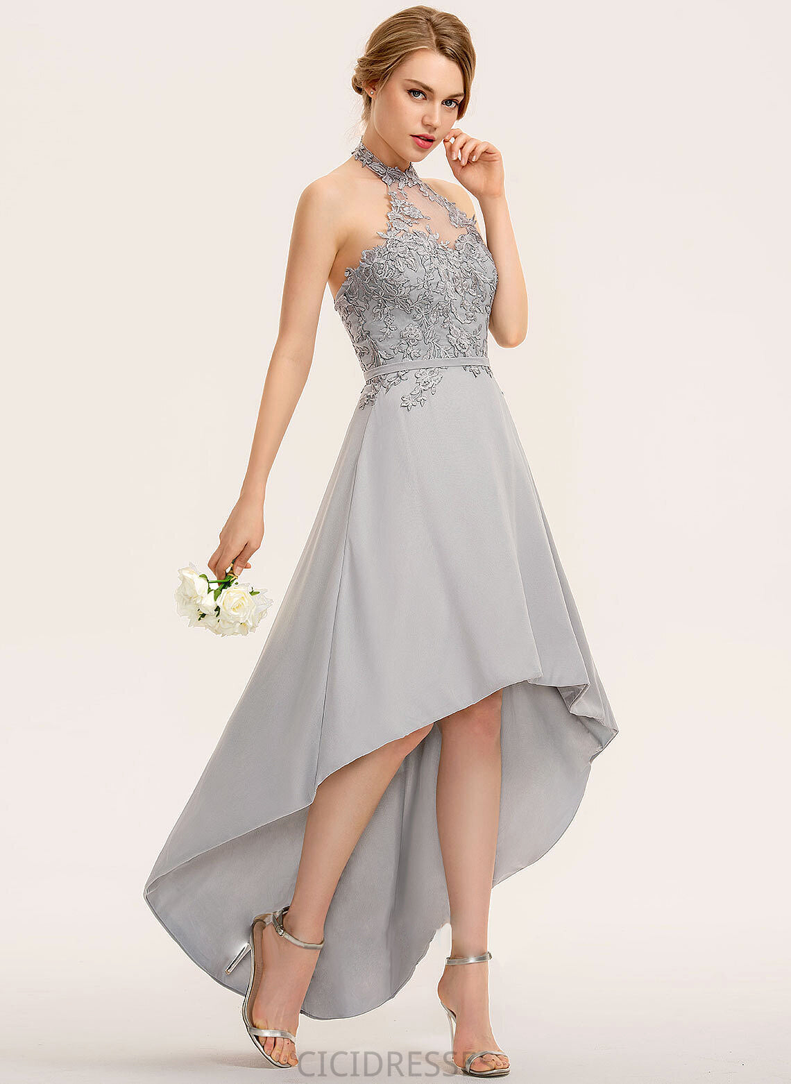 Fabric Asymmetrical Halter Lace A-Line Straps Length Silhouette Neckline Tina Sleeveless Floor Length Bridesmaid Dresses