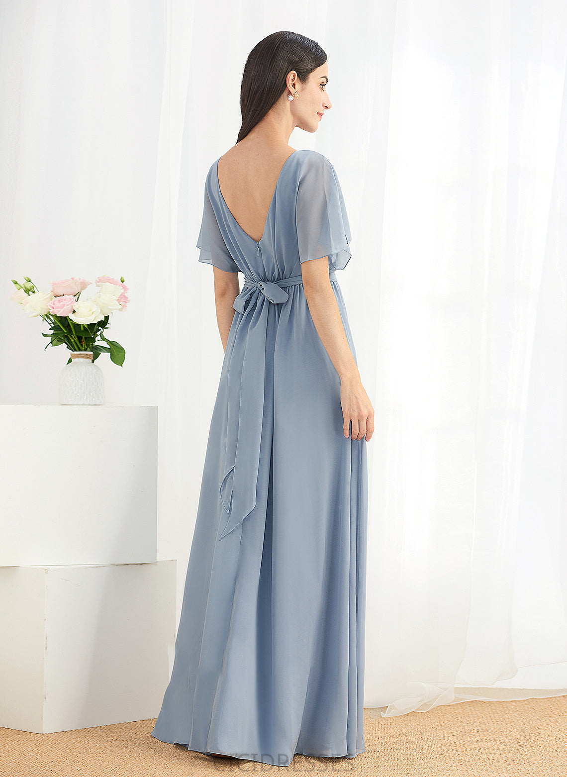 Embellishment SplitFront Fabric Ruffle Straps Floor-Length Length A-Line Silhouette Ingrid Sleeveless Natural Waist Bridesmaid Dresses