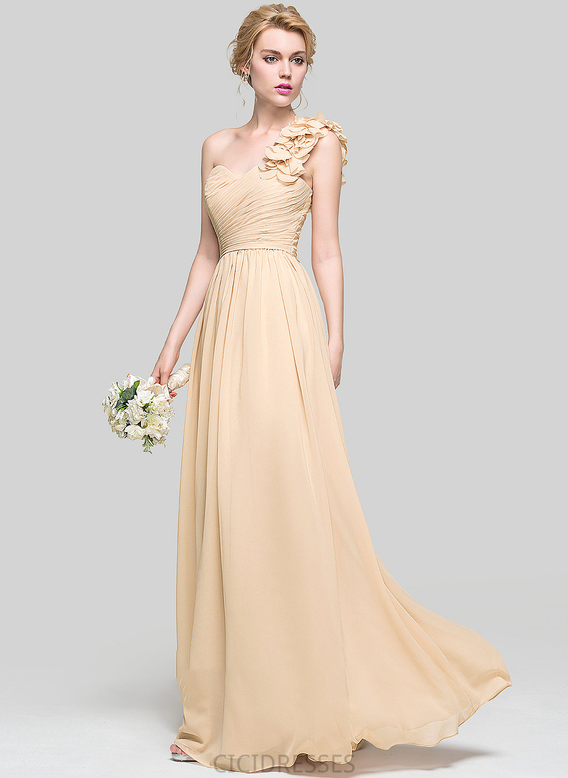 Neckline Length Fabric Ruffle Flower(s) Floor-Length One-Shoulder Silhouette Embellishment A-Line Lainey Natural Waist Bridesmaid Dresses