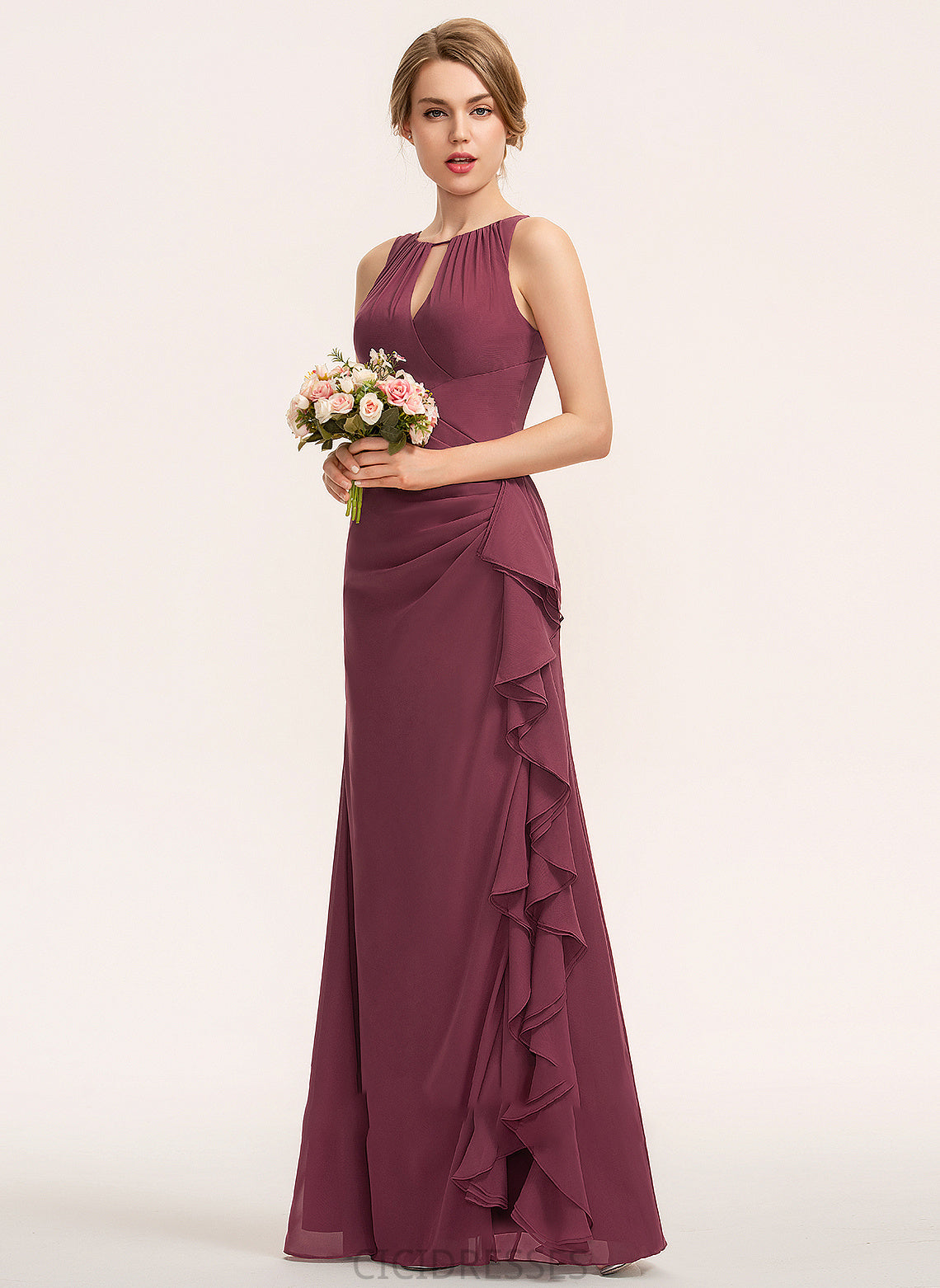 SplitFront Floor-Length CascadingRuffles Fabric Length Embellishment Silhouette ScoopNeck A-Line Neckline Heaven Natural Waist Bridesmaid Dresses