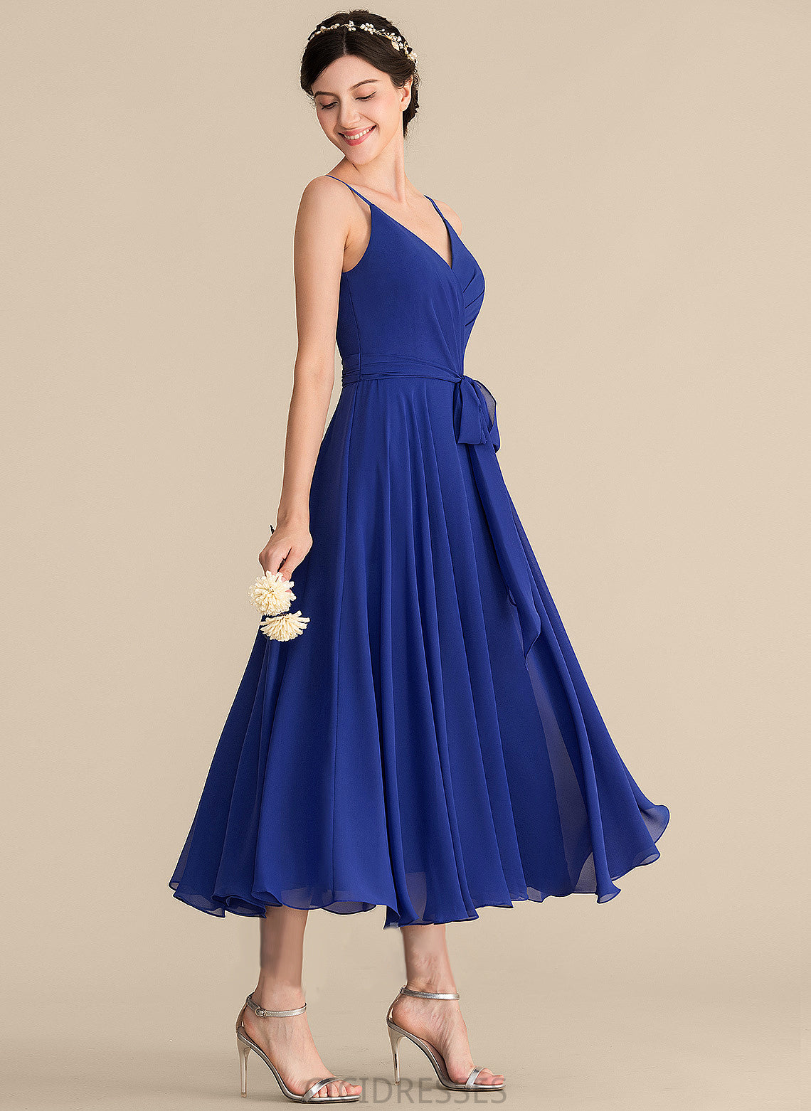 Ruffle Neckline Fabric Length Silhouette Embellishment A-Line Bow(s) Tea-Length V-neck Sonia A-Line/Princess Bridesmaid Dresses