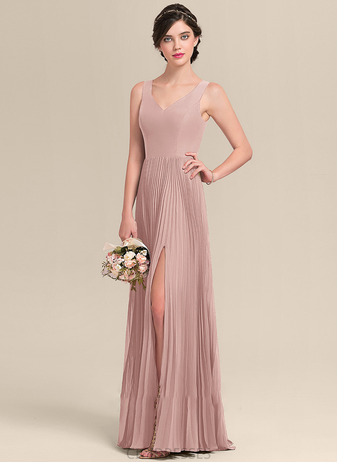 Pleated Neckline Length Silhouette Floor-Length Embellishment V-neck Fabric A-Line SplitFront Alissa Knee Length Bridesmaid Dresses