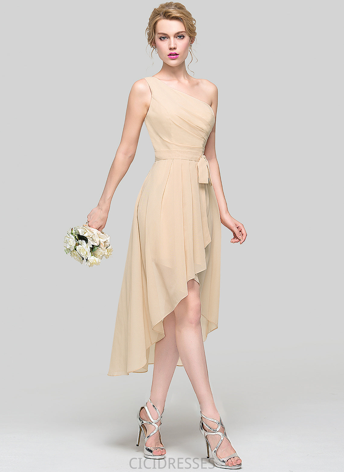 One-Shoulder Asymmetrical Length Bow(s) Ruffle Neckline Fabric CascadingRuffles A-Line Embellishment Silhouette Miriam Bridesmaid Dresses