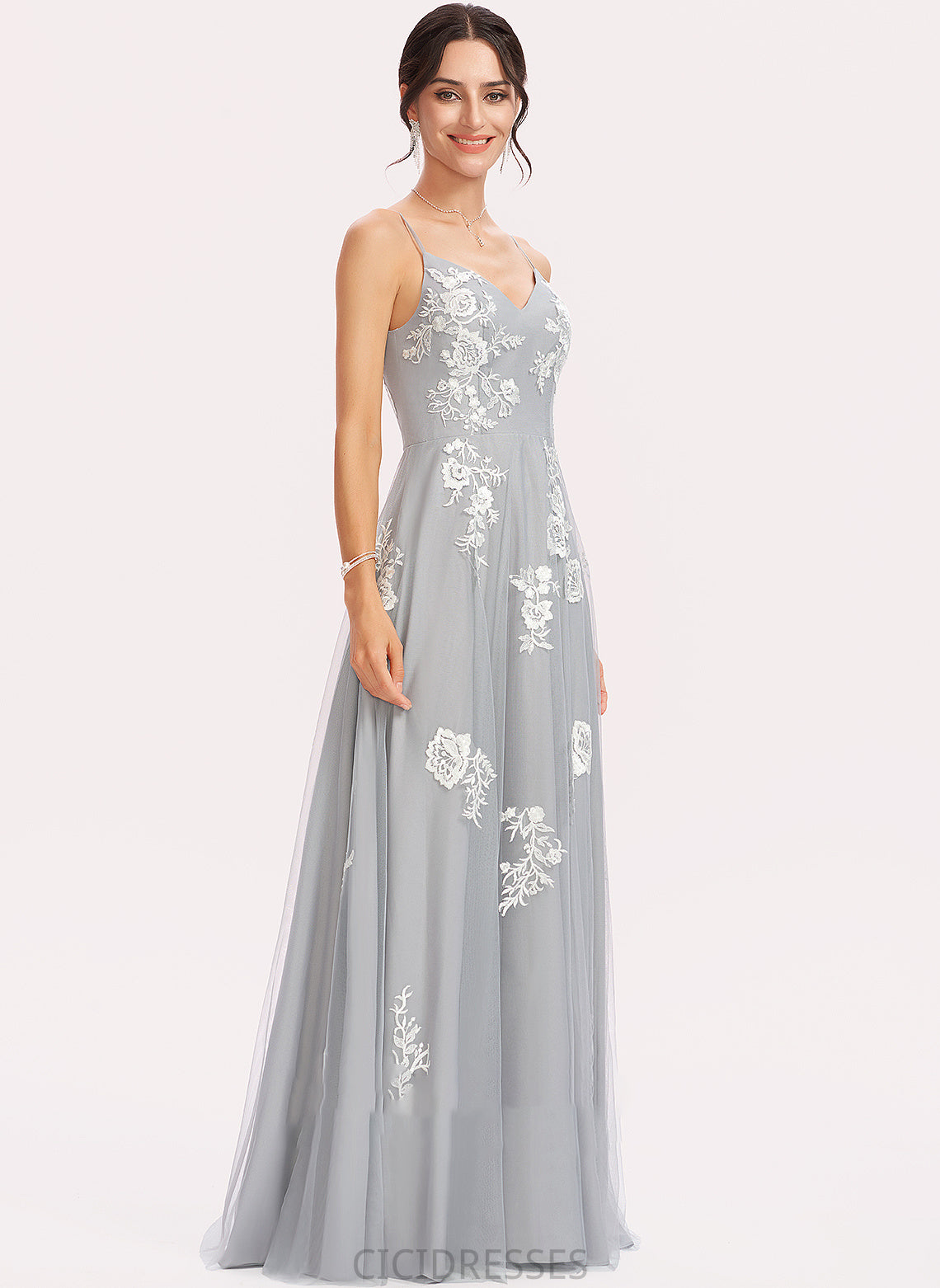 Floor-Length A-Line V-neck Lace Neckline Fabric Silhouette Length Embellishment Brynn Scoop Natural Waist Bridesmaid Dresses