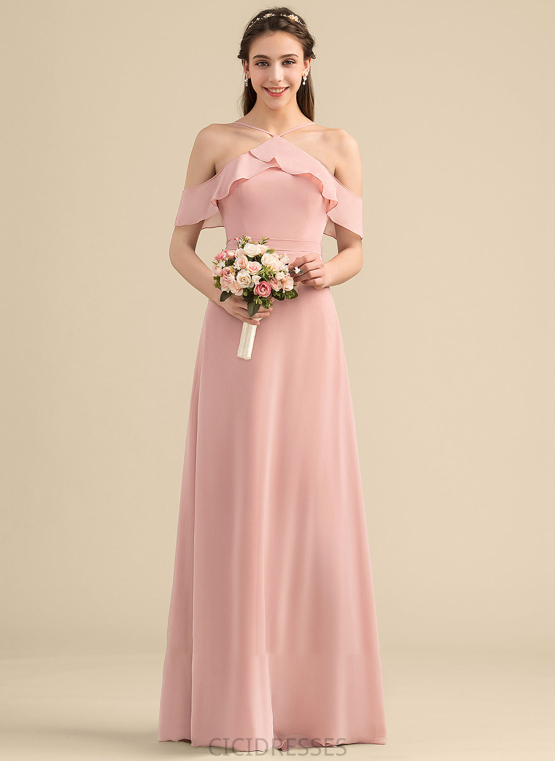 A-Line CascadingRuffles Floor-Length Embellishment Bow(s) Neckline V-neck Silhouette Fabric Length Lucinda Straps Bridesmaid Dresses