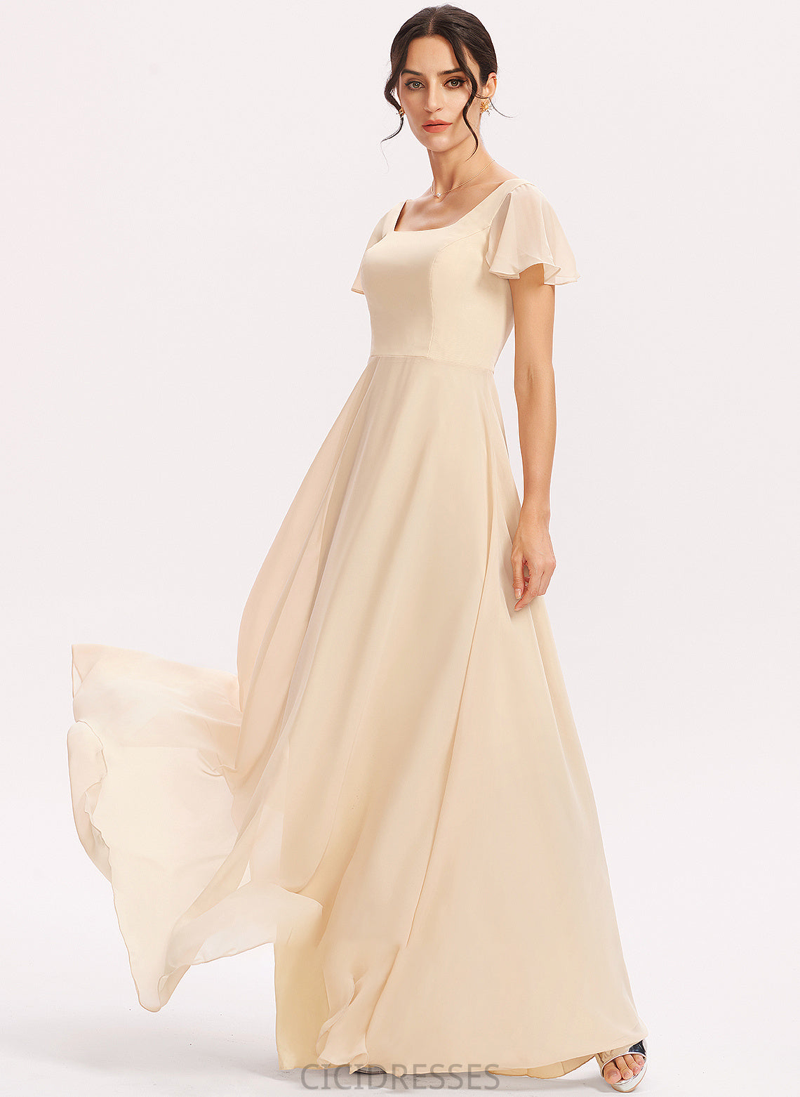 Floor-Length Length CascadingRuffles Neckline Silhouette SquareNeckline Fabric A-Line Embellishment Mercedes Sleeveless Scoop Bridesmaid Dresses