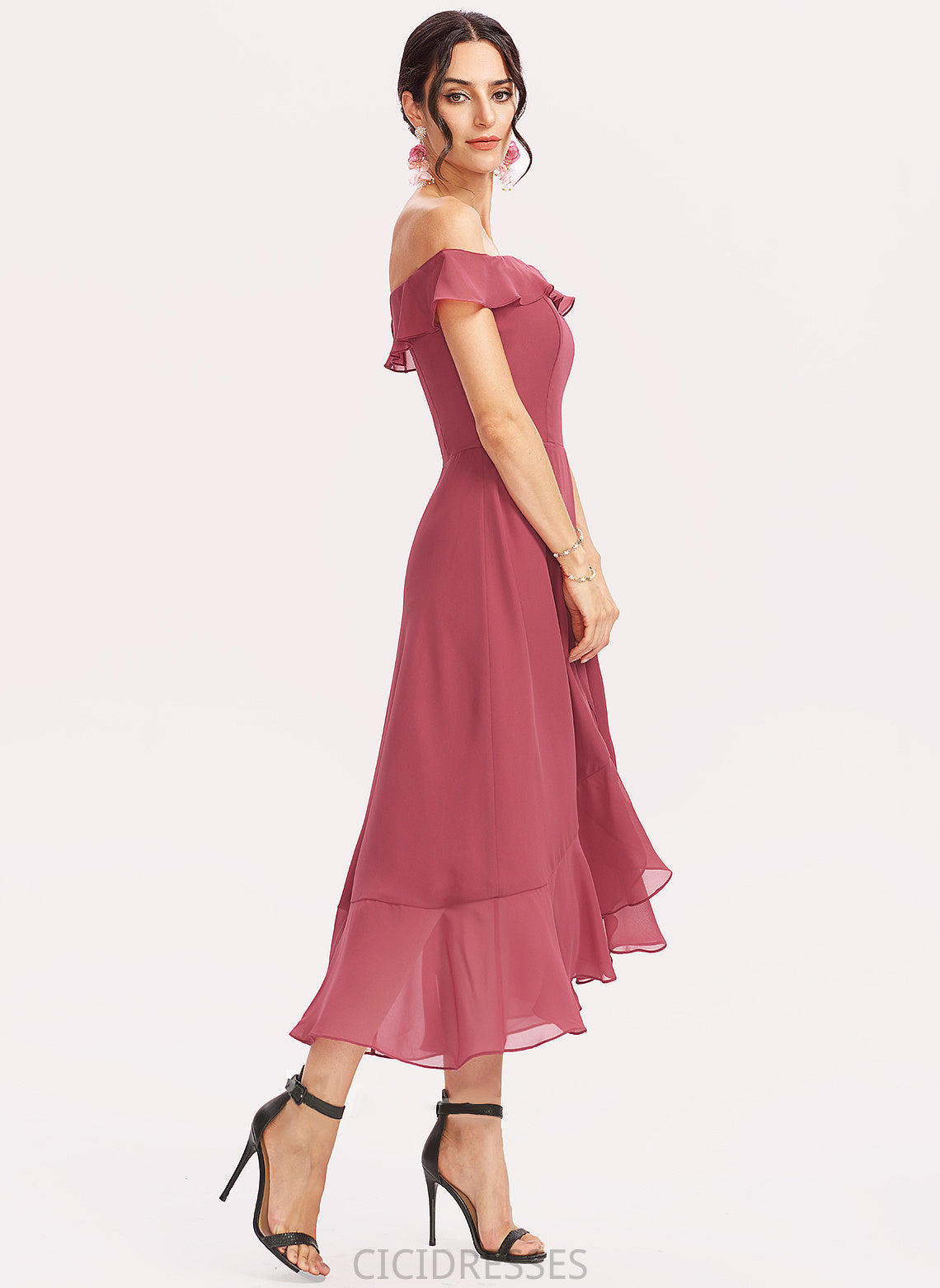 Off-the-Shoulder Tea-Length Neckline Fabric A-Line Embellishment Silhouette CascadingRuffles Length Lilyana Sleeveless Natural Waist Bridesmaid Dresses