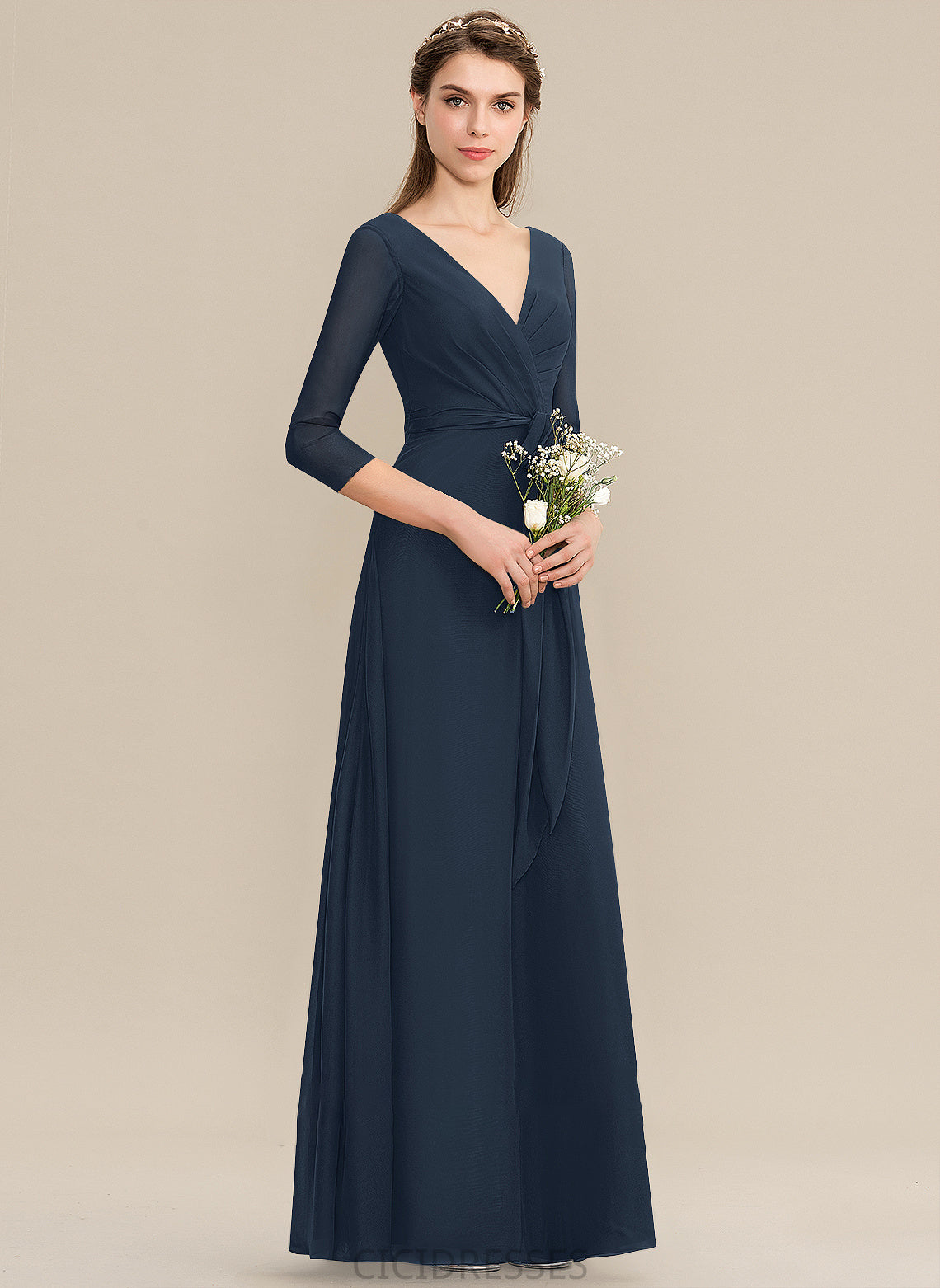 Ruffle Neckline Length Embellishment Fabric Bow(s) A-Line V-neck Floor-Length Silhouette Miya Scoop Bridesmaid Dresses