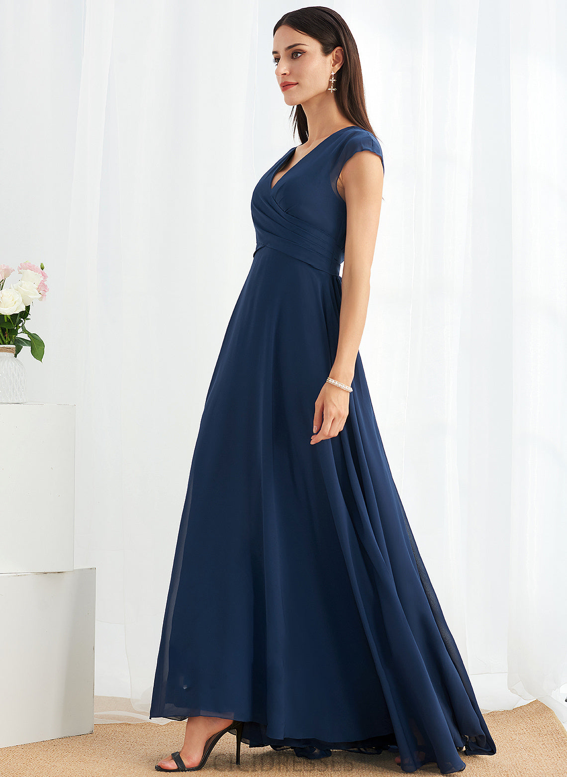 Silhouette A-Line Fabric Floor-Length Neckline Ruffle Embellishment Length V-neck Elizabeth Floor Length Sleeveless Bridesmaid Dresses