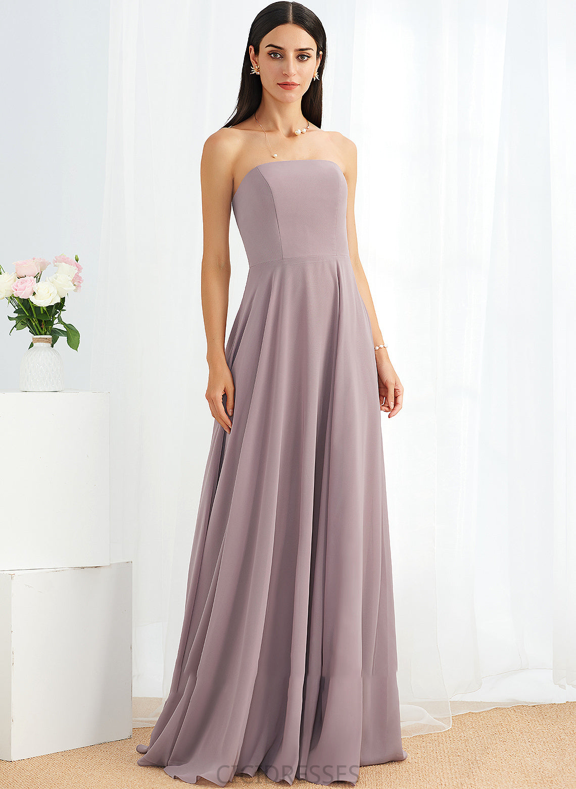 Floor-Length Fabric Length Neckline Strapless Silhouette SplitFront A-Line Embellishment Caroline Sweetheart A-Line/Princess Bridesmaid Dresses