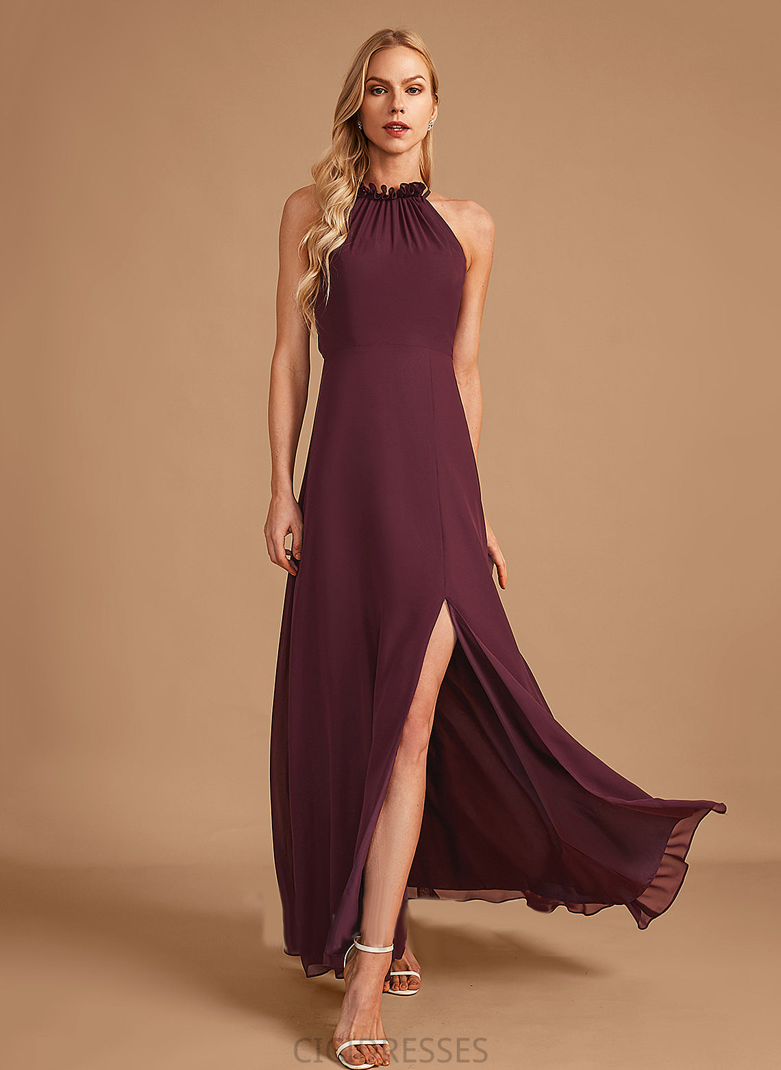 A-Line Embellishment SplitFront Neckline HighNeck Floor-Length Length Silhouette Fabric Imani Floor Length Satin Bridesmaid Dresses