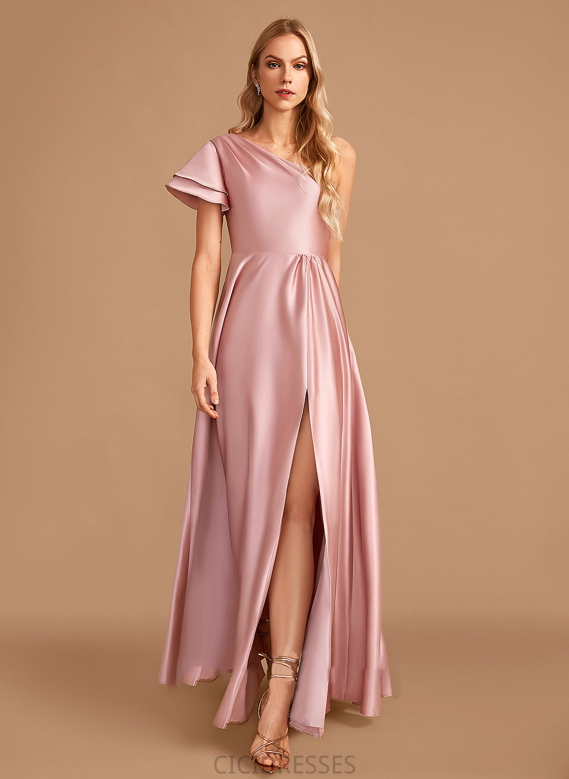 SplitFront Neckline Fabric A-Line One-Shoulder Floor-Length Length Embellishment Silhouette Jaylyn A-Line/Princess V-Neck Bridesmaid Dresses