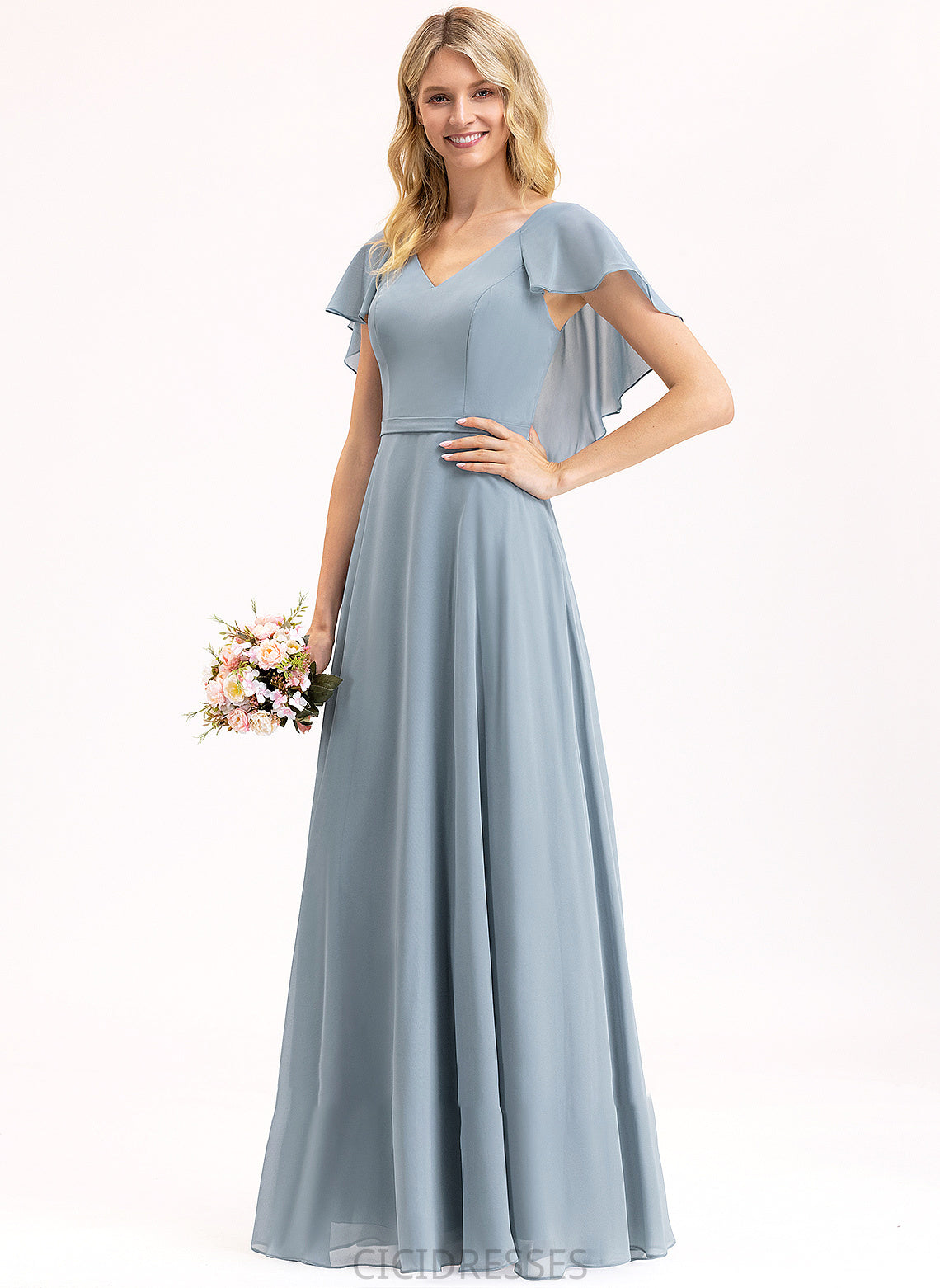 Neckline Embellishment Fabric CascadingRuffles Silhouette V-neck A-Line Length Floor-Length Averie Floor Length Natural Waist Bridesmaid Dresses