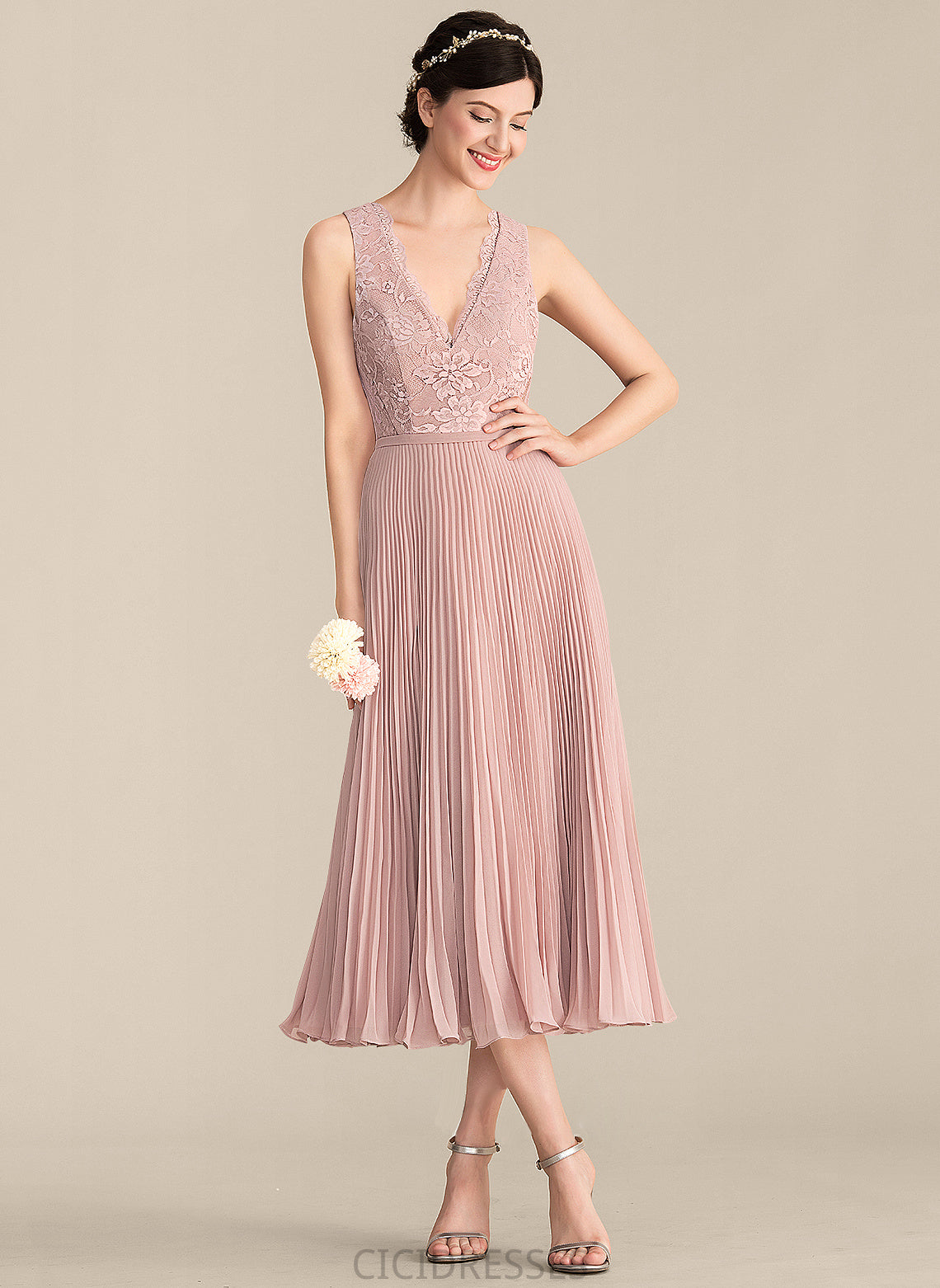 Length Fabric A-Line Neckline Embellishment Silhouette V-neck Tea-Length Pleated Michaela Natural Waist Sleeveless Bridesmaid Dresses