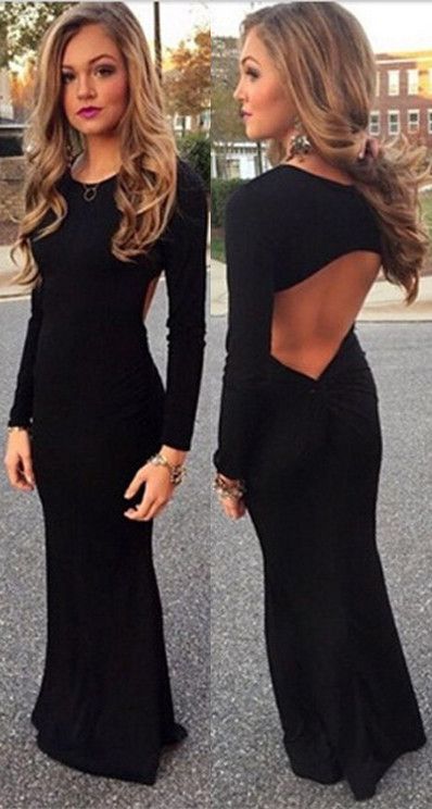 Black Column/Sheath Backless 2024 Cheap Long Sleeves Prom Dresses