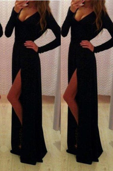 2024 Junoesque Black Prom Dresses Long Floor length A-Line V-Neck Split Front Spandex