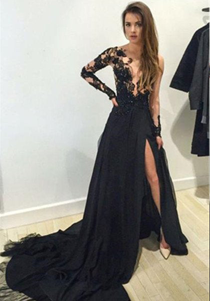 2024 Junoesque Black V-Neck Court Train A-Line Chiffon Prom Dresses