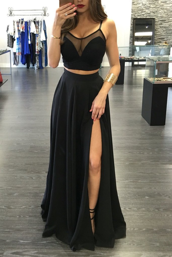 2024 Junoesque Black Illusion Spaghetti Straps Side-Slit Two Pieces Prom Dresses