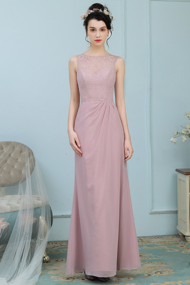 Viviana Sleeveless Sheath/Column Floor Length Scoop Lace Chiffon Natural Waist Bridesmaid Dresses