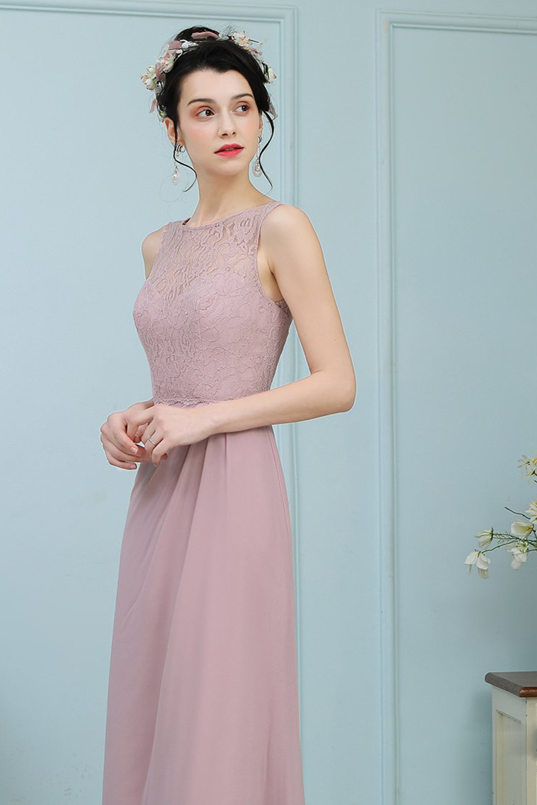 Viviana Sleeveless Sheath/Column Floor Length Scoop Lace Chiffon Natural Waist Bridesmaid Dresses