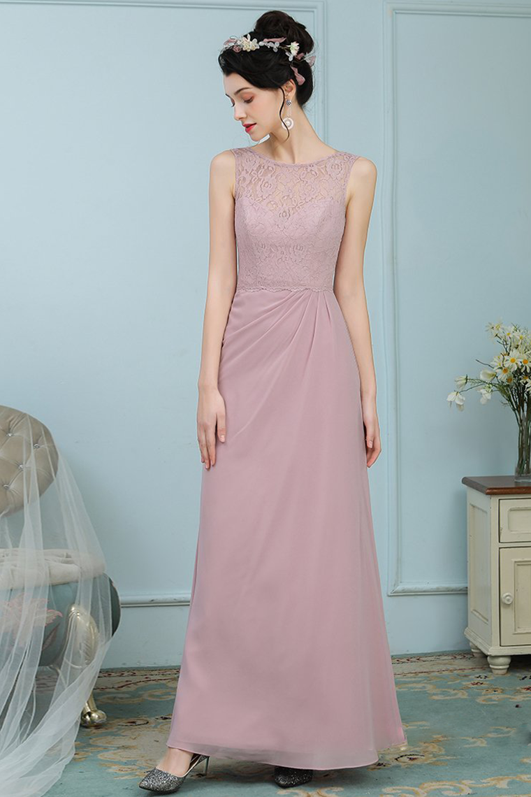 Viviana Sleeveless Sheath/Column Floor Length Scoop Lace Chiffon Natural Waist Bridesmaid Dresses