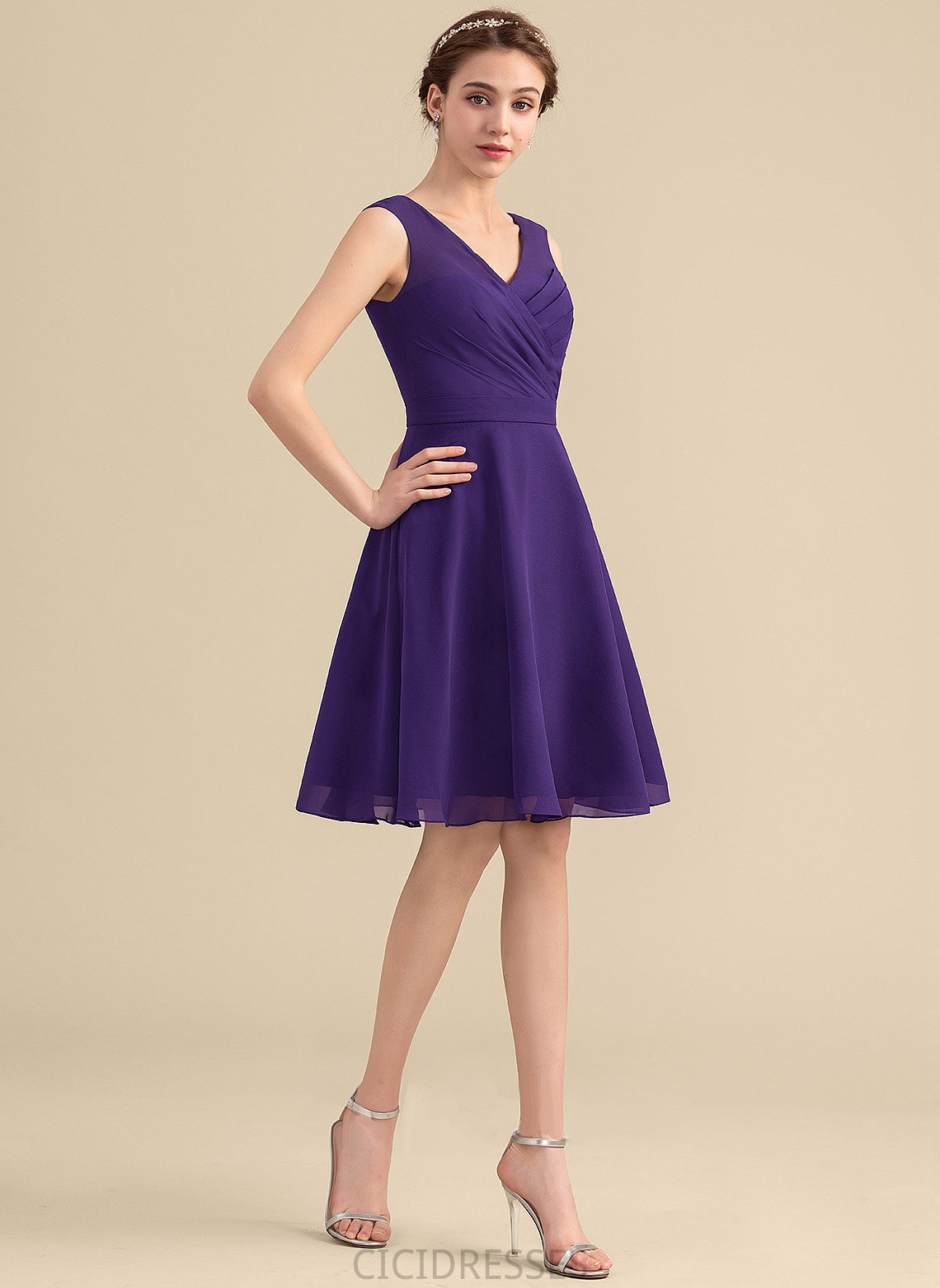 Ruffle A-Line V-neck Silhouette Knee-Length Fabric Embellishment Length Neckline Sue Sleeveless Spaghetti Staps Bridesmaid Dresses