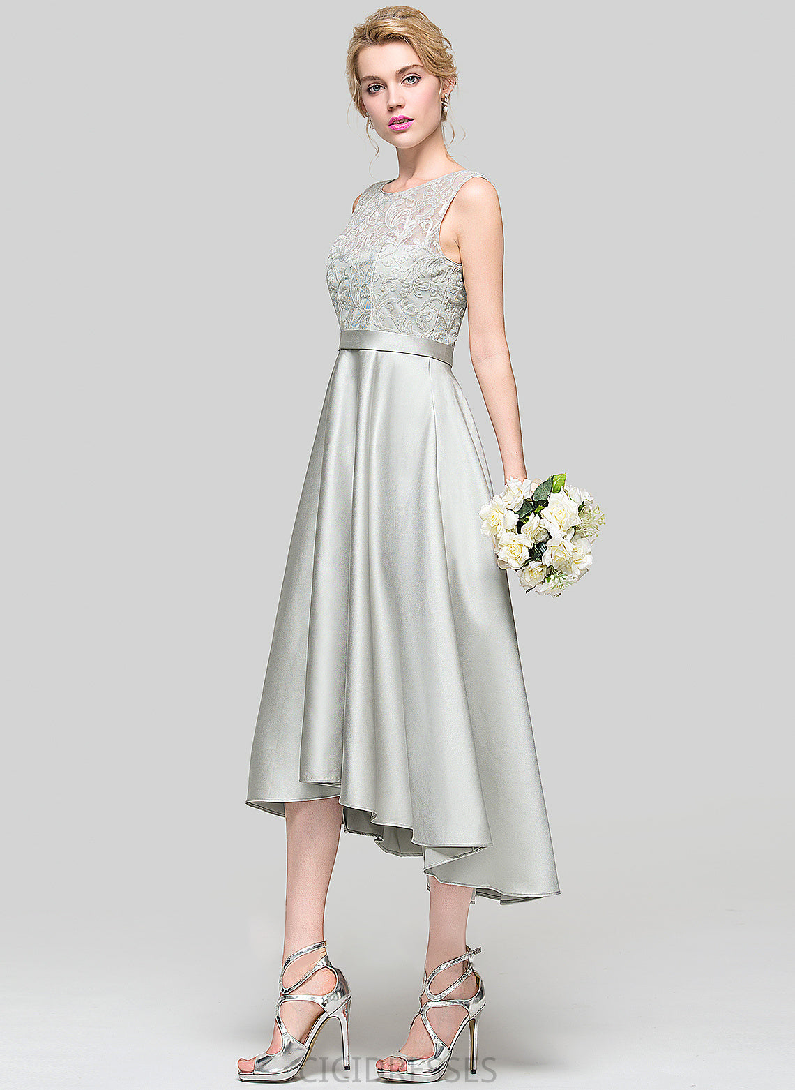 Straps A-Line Asymmetrical Satin Lace Silhouette ScoopNeck Length Neckline Fabric Arielle A-Line/Princess Bridesmaid Dresses