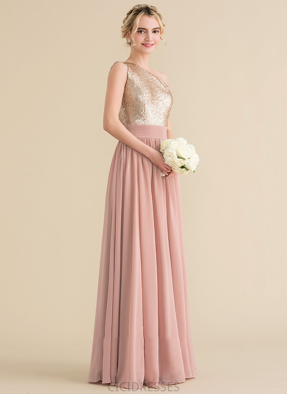 One-Shoulder Floor-Length A-Line Silhouette Length Sequined Neckline Straps Fabric Anna Sleeveless Scoop Bridesmaid Dresses