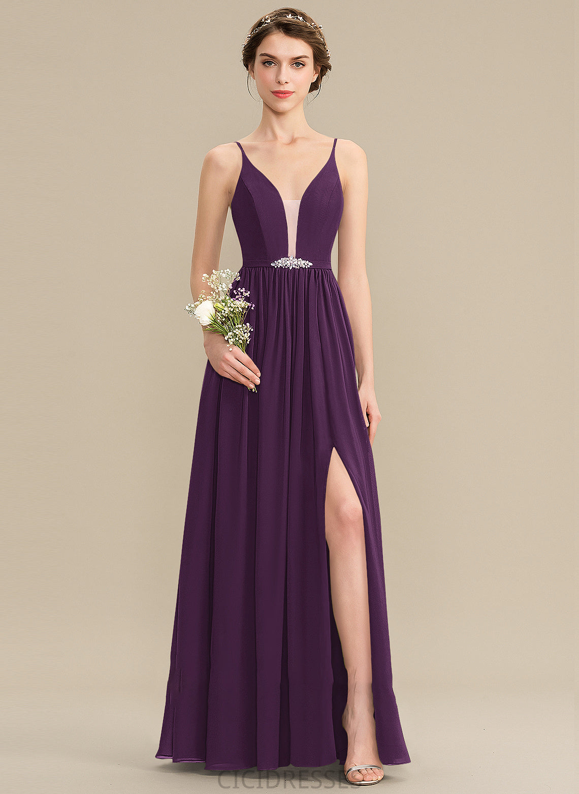 A-Line Length SplitFront Neckline Sequins Embellishment Silhouette Floor-Length Beading Fabric V-neck Pockets Bridesmaid Dresses