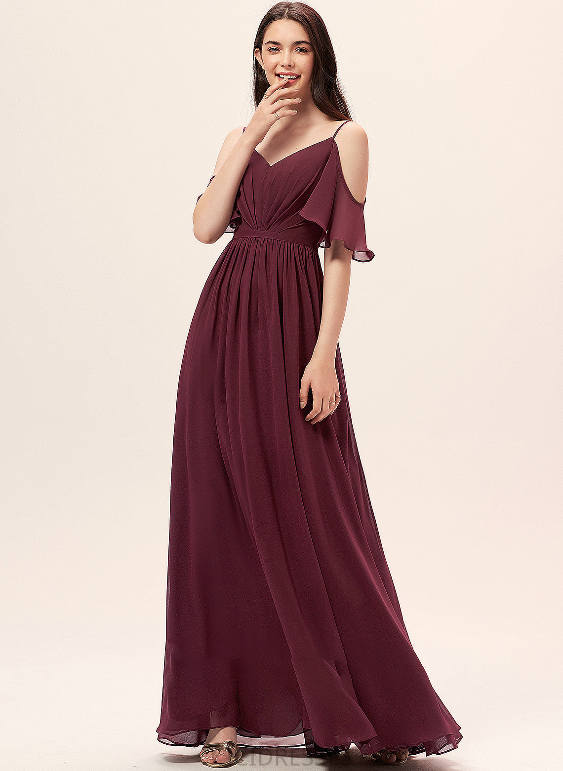 A-Line V-neck Neckline Ruffle Length Floor-Length Embellishment Silhouette Fabric Aliza High Low Short Sleeves Bridesmaid Dresses