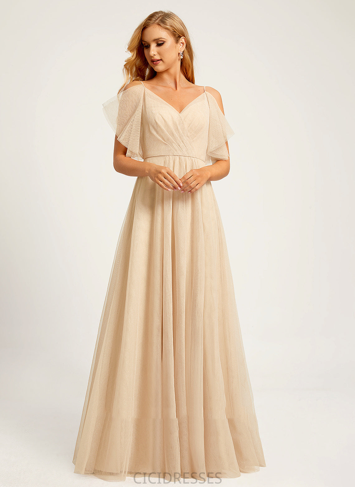 A-Line Neckline SplitFront Floor-Length Embellishment Fabric V-neck Silhouette Length Kiara Natural Waist Sleeveless Bridesmaid Dresses