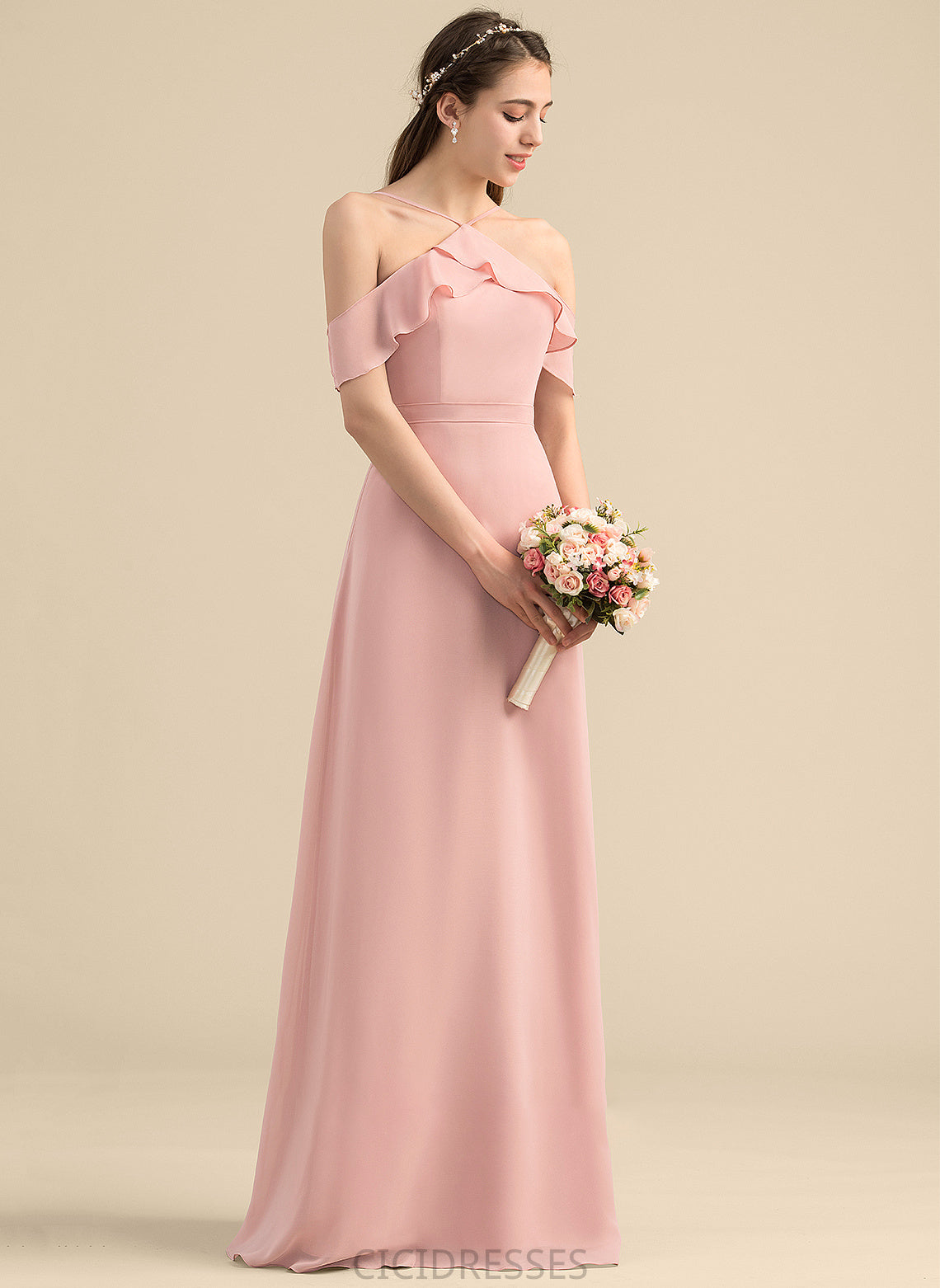 A-Line CascadingRuffles Floor-Length Embellishment Bow(s) Neckline V-neck Silhouette Fabric Length Lucinda Straps Bridesmaid Dresses