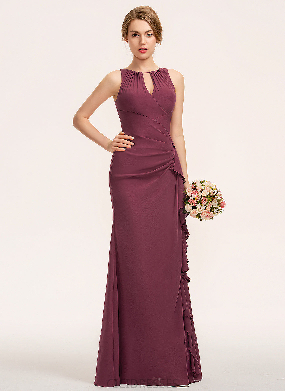 SplitFront Floor-Length CascadingRuffles Fabric Length Embellishment Silhouette ScoopNeck A-Line Neckline Heaven Natural Waist Bridesmaid Dresses